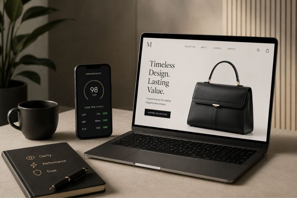 Premium minimalist website design workspace featuring elegant typography hierarchy, luxury brand aesthetics, custom CSS font rendering, and Core Web Vitals performance optimization displayed on modern digital devices, illustrating how minimalist design builds trust and supports high-ticket brand positioning.