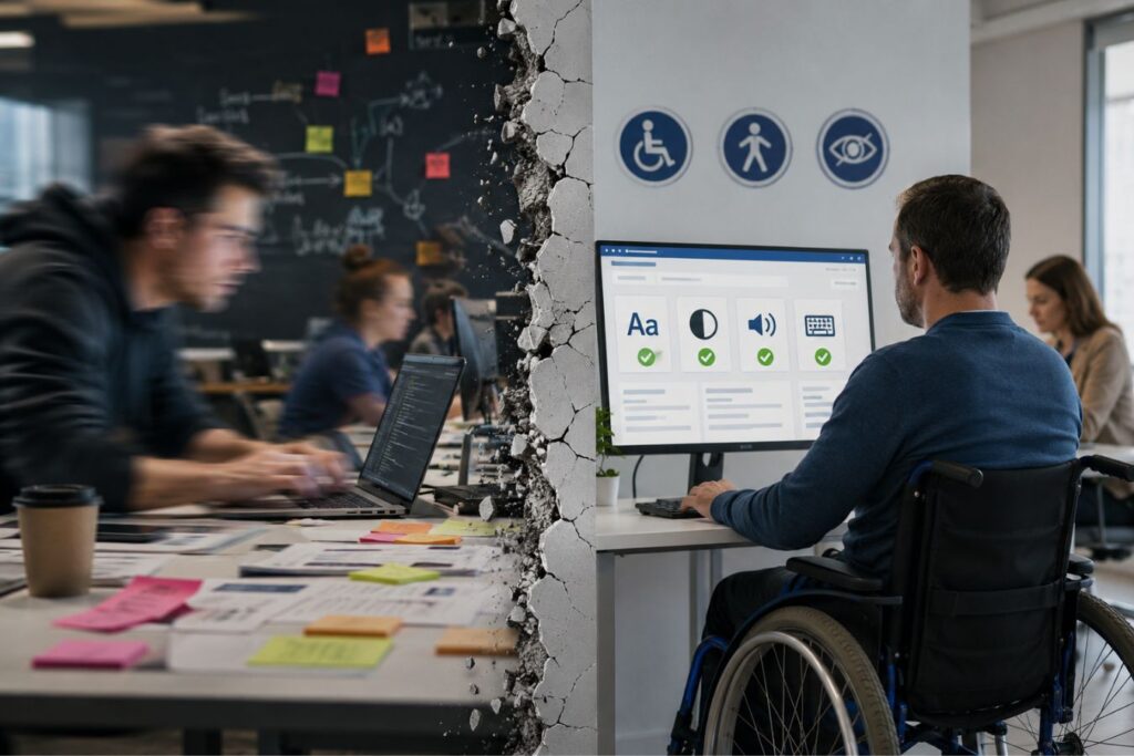 Professional SaaS workplace illustrating the contrast between rushed software development and WCAG-compliant accessible design, featuring a chaotic fast-moving tech office beside an inclusive accessibility-focused workspace with accessible UI elements and wheelchair user.
