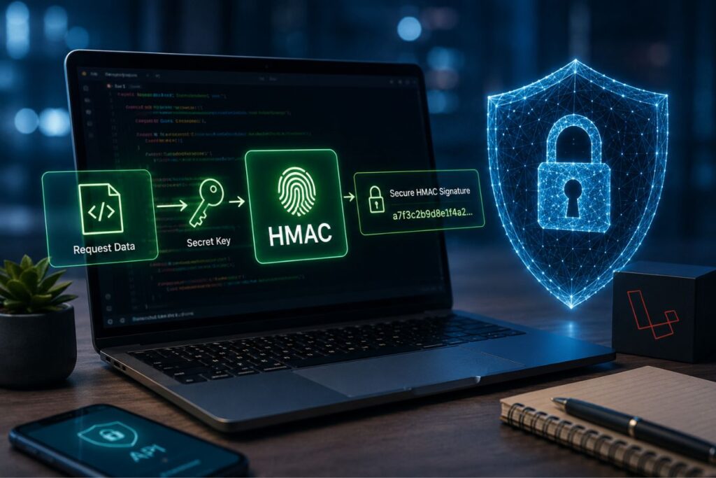 Zero-trust API security concept showing HMAC authentication in a Laravel backend with encrypted request validation, secure API signatures, and cybersecurity protection against modern data breaches.