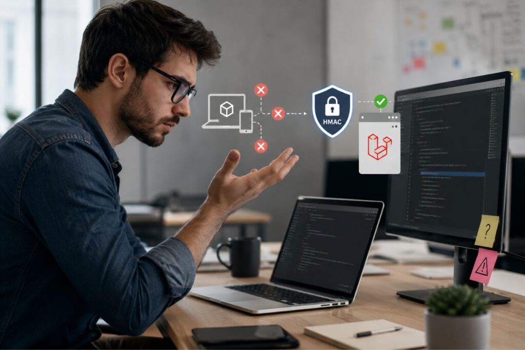 A developer troubleshooting API integration issues in a modern workspace with visual elements representing HMAC security and Zero-Trust API protection for Laravel backends.