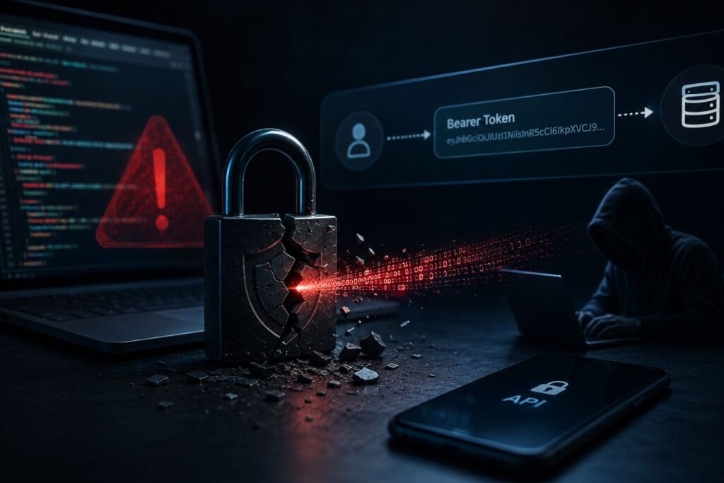 Dark cybersecurity-themed illustration showing a broken bearer token authentication system, cracked padlock, hacker activity, and secure Laravel API protection concepts using HMAC in a zero-trust architecture against modern data breaches.