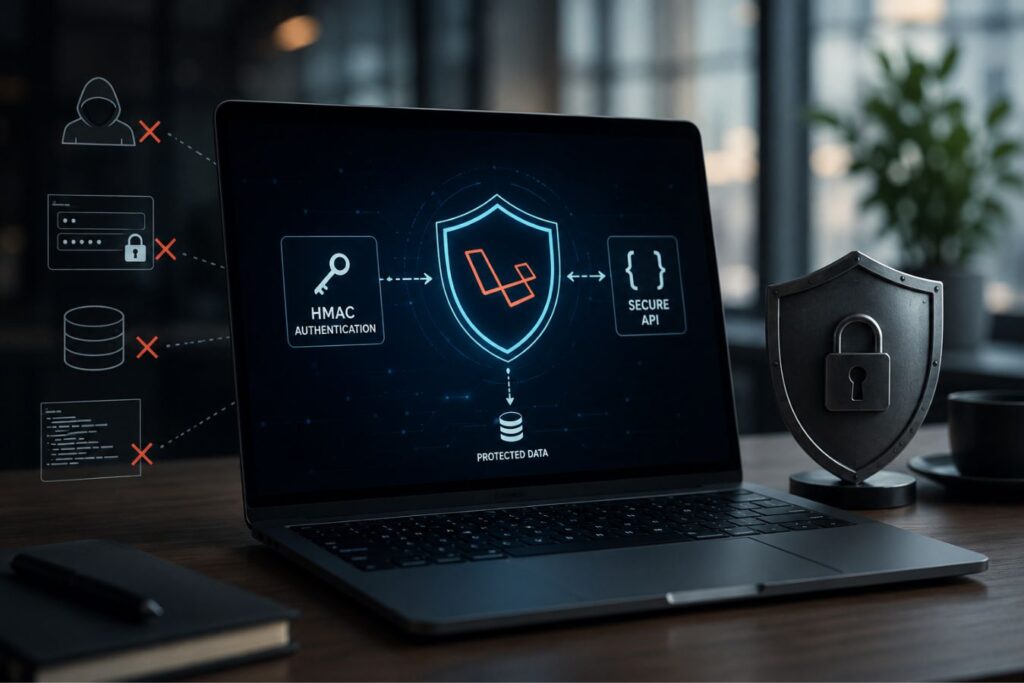 Professional cybersecurity illustration showing a secure Laravel API backend protected with HMAC authentication and zero-trust architecture, featuring encrypted data flow, shield security interface, and modern enterprise workspace representing data breach prevention and digital brand trust.