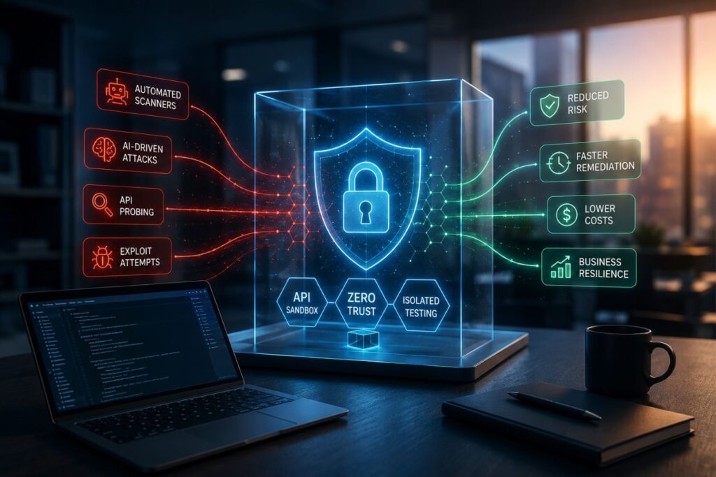 Photorealistic cybersecurity workspace showing a zero-trust API sandbox protecting production systems from AI-driven vulnerability scanners, with secure digital shield visualization, automated threat detection, and business ROI indicators in a modern enterprise environment.