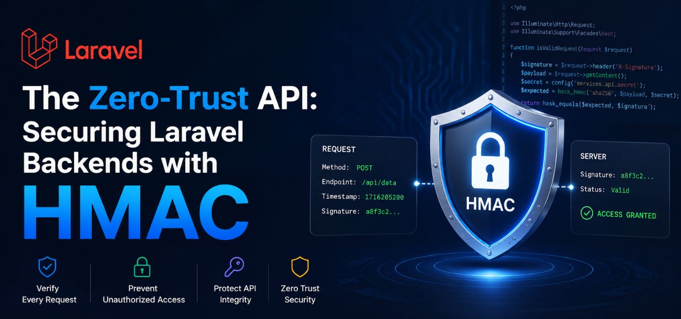 Professional thumbnail for “The Zero-Trust API: Securing Laravel Backends with HMAC” featuring a secure Laravel backend dashboard, encrypted API connections, HMAC authentication visuals, cybersecurity shield elements, and modern zero-trust architecture design in a premium dark-tech style.