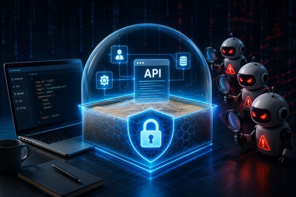 A realistic cybersecurity illustration showing a protected zero-trust sandbox shielding an API from automated AI-driven vulnerability scanners, representing secure API testing and threat prevention.