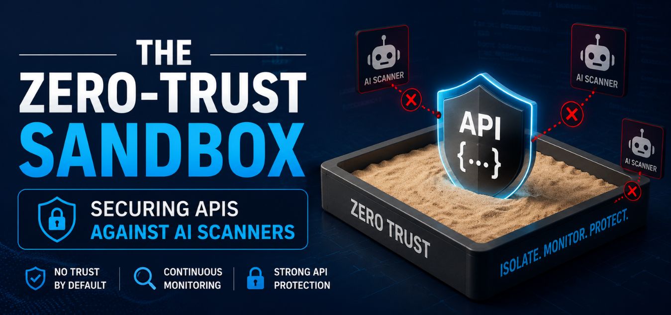 Zero-trust sandbox cybersecurity concept showing protected APIs shielded from AI scanners with secure API monitoring, threat isolation, and modern digital security visuals.