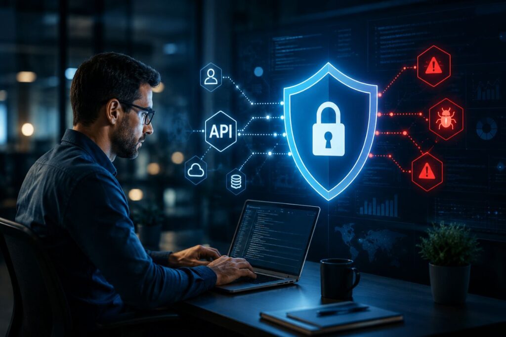 Professional cybersecurity expert monitoring secure production APIs in a zero-trust sandbox environment with advanced AI-driven vulnerability scanning, digital shield protection, and premium enterprise security dashboard visuals.