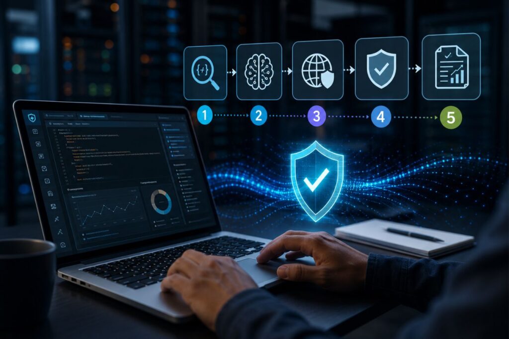 Step-by-step zero-trust sandbox workflow for testing production APIs against AI-driven vulnerability scanners in a secure cybersecurity environment with API monitoring, threat detection, and automated