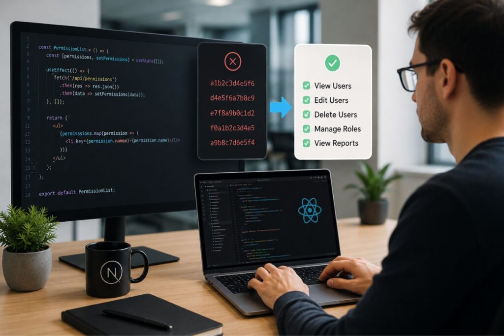 Frontend developer using Next.js and React with human-readable permission names instead of IDs, demonstrating faster UI development, cleaner API payloads, improved permission management, and enhanced user experience in a modern web application environment.