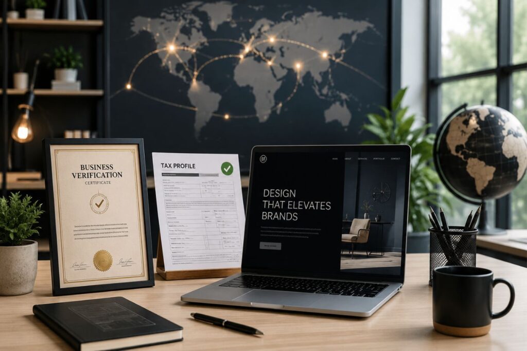 Professional remote design agency workspace featuring business verification certificate, tax profile documentation, and premium web design portfolio, illustrating how legal verification and tax compliance build global trust and credibility for remote-first creative agencies.