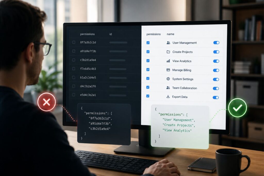 Developer reviewing a modern dashboard that compares API responses using human-readable permission names versus arbitrary IDs, demonstrating how clean API architecture improves UI/UX design and accelerates frontend development.