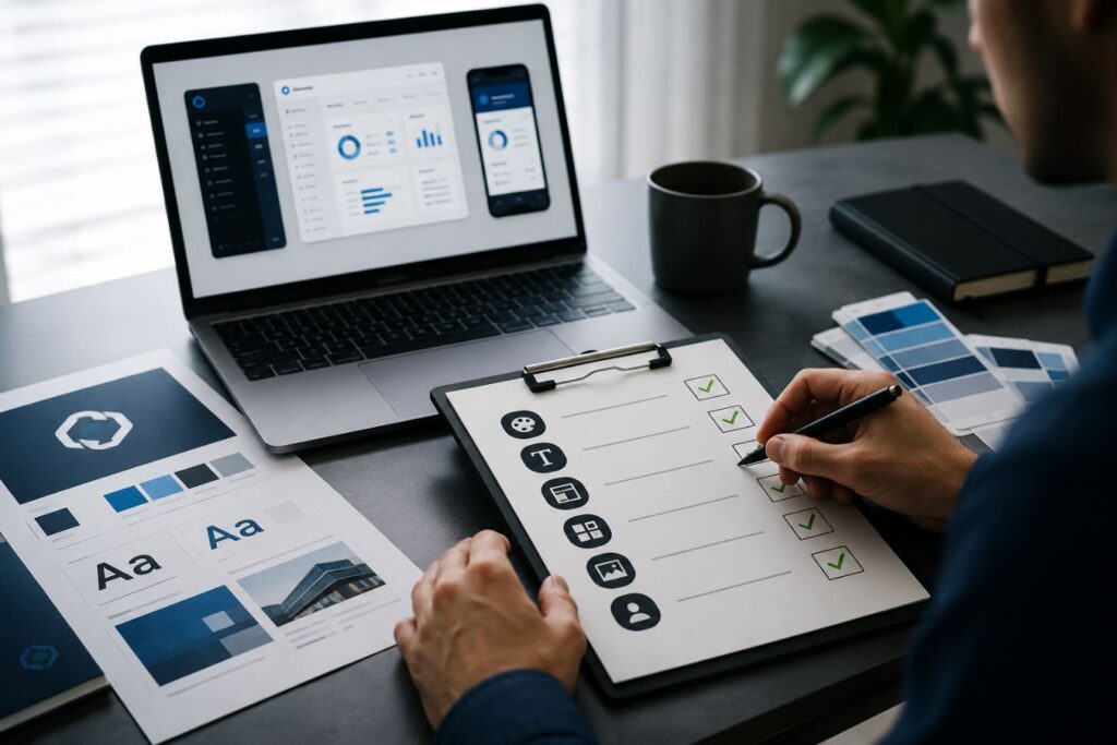 Professional brand unification audit workspace showing software UI screens, brand guideline documents, color palettes, and a design consistency checklist used to align digital products with premium marketing collateral for improved user trust and brand cohesion.
