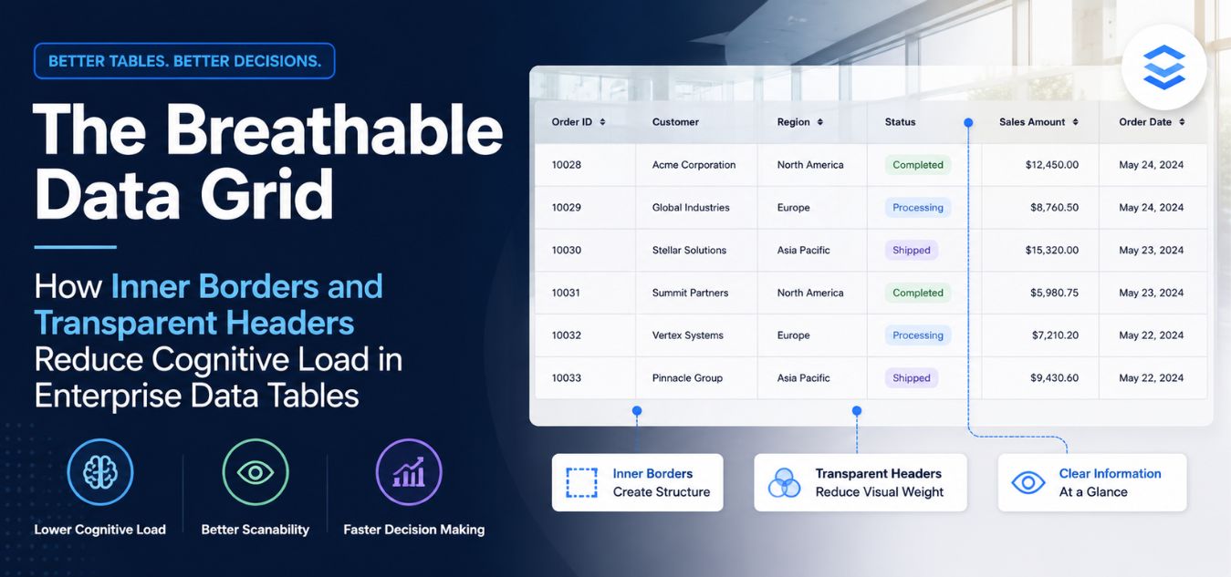 The Breathable Data Grid infographic showing an enterprise data table with inner borders and transparent headers that reduce cognitive load, improve scanability, and support faster data-driven decision-making in modern dashboard interfaces.