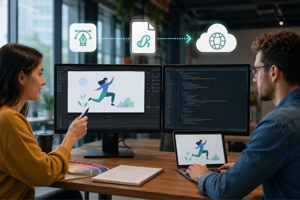 Creative designer and software engineer collaborating on edge-delivered Lottie animations, demonstrating how lightweight animation workflows replace heavy video files to improve website performance, user experience, and Core Web Vitals.