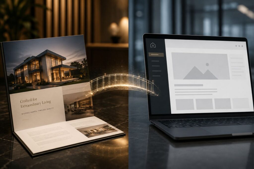 Premium enterprise software experience showcasing seamless alignment between luxury marketing collateral and a cohesive digital UI/UX interface, illustrating how consistent design builds brand trust, credibility, and customer confidence across all touchpoints.
