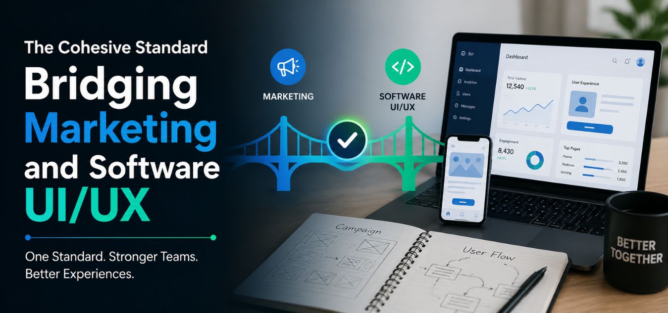 The Cohesive Standard Bridging Marketing and Software UI/UX concept showing a modern digital workspace with marketing strategy, UI/UX wireframes, mobile and web interfaces, analytics dashboard, and a visual bridge connecting marketing and software user experience teams.