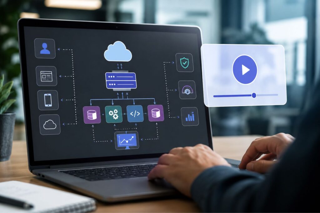 Modern SaaS architecture visualization on a laptop screen showing interconnected system components, cloud services, and UI flow diagrams representing lightweight 2D motion graphics replacing traditional explainer videos for complex system communication.