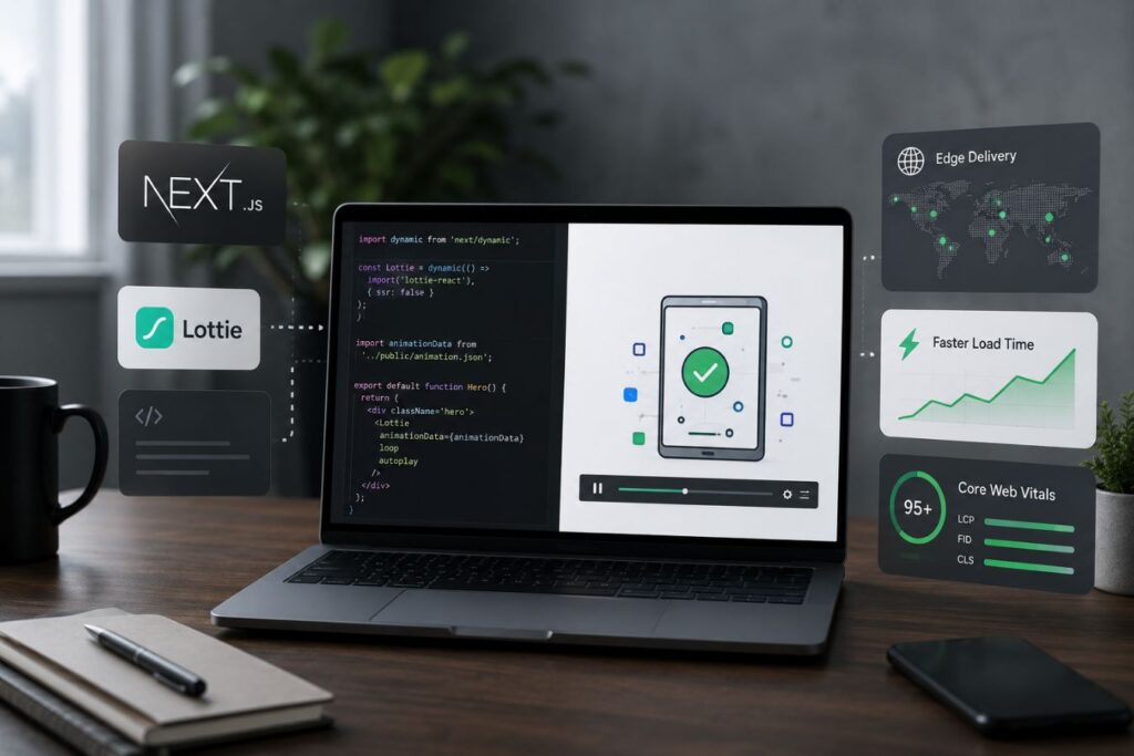 Developer implementing Lottie animations in a Next.js frontend to replace heavy video files, showcasing edge delivery, faster loading, and improved Core Web Vitals performance.
