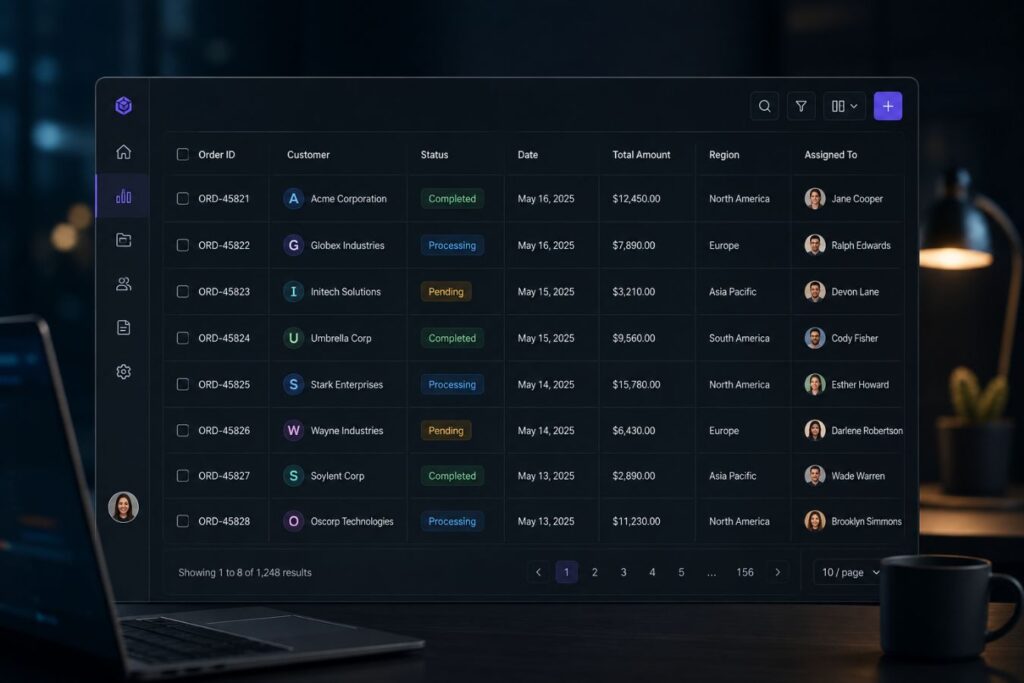 Dark mode enterprise data table UI showcasing a breathable data grid with subtle inner borders, transparent table headers, improved visual hierarchy, reduced cognitive load, and high-fidelity dashboard design for modern business applications.