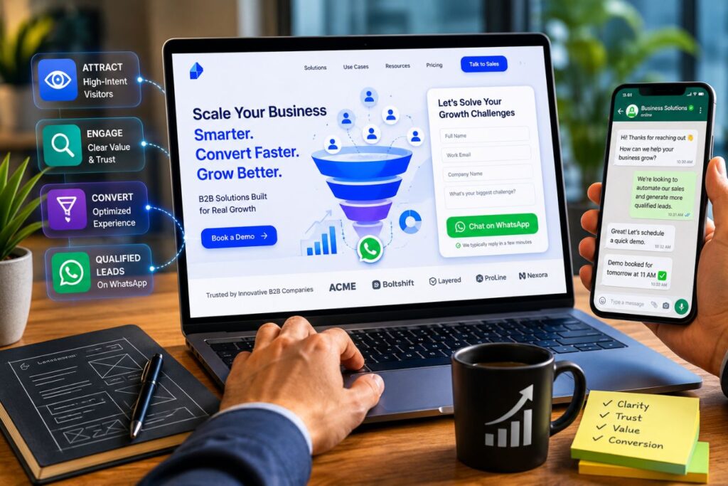Professional UX designer creating a high-converting B2B landing page and WhatsApp lead generation funnel, showcasing visual architecture, user journey optimization, conversion-focused design, qualified lead acquisition, and digital marketing strategy for startup growth.