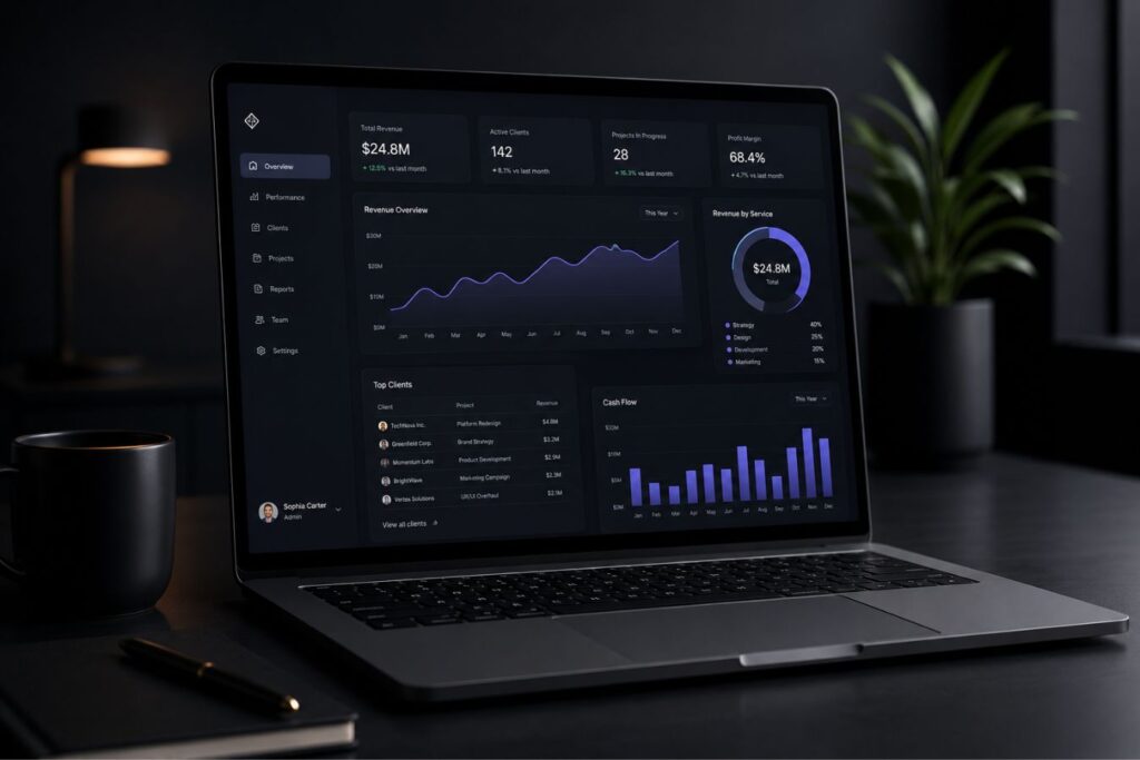 Premium dark mode B2B analytics dashboard designed with mathematical grid structures, extreme whitespace, clean data visualization, and luxury enterprise UI principles to reduce cognitive load and enhance user experience.