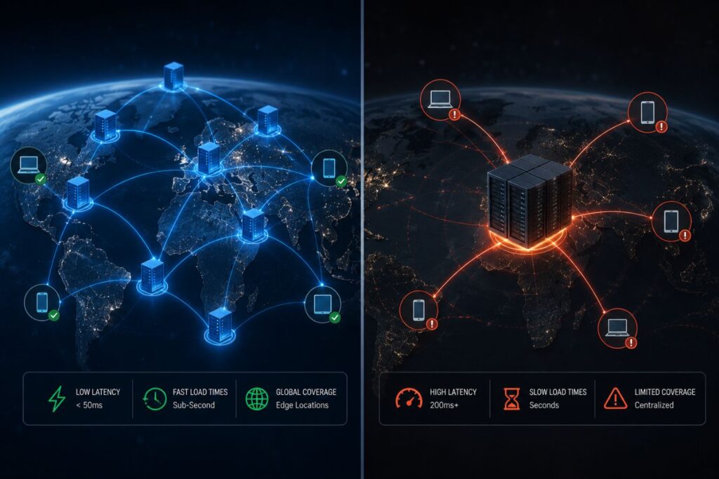 Edge computing versus traditional CDN infrastructure comparison showing distributed edge database nodes delivering sub-second global load times and reduced regional latency compared to centralized content delivery networks.