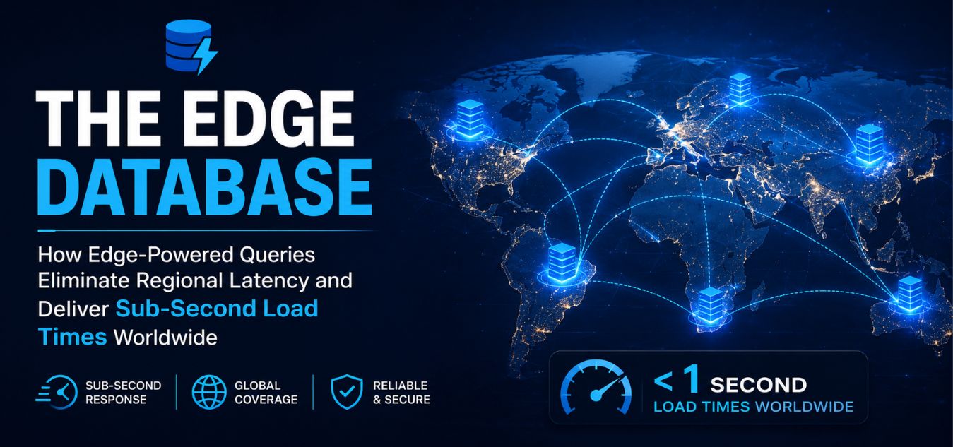 Edge database infrastructure visualizing globally distributed edge servers connected across a world map, demonstrating edge-powered queries, reduced regional latency, and sub-second load times worldwide for modern web applications.