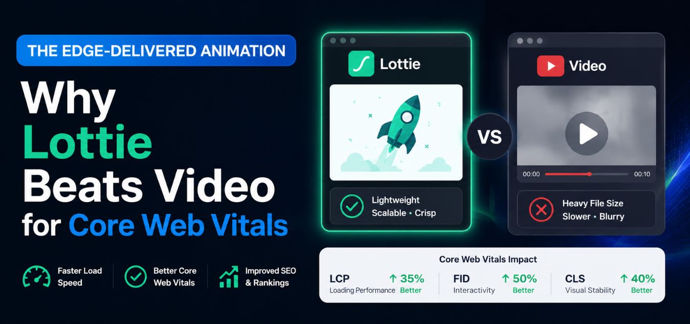 Professional comparison thumbnail illustrating why Lottie animations outperform traditional video for Core Web Vitals, featuring lightweight scalable animation, faster load speeds, improved LCP, FID, and CLS metrics, enhanced SEO performance, and a side-by-side Lottie vs video comparison.