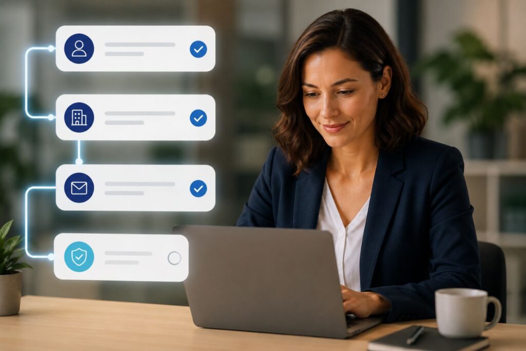Professional business user completing a multi-step conversational onboarding process on a laptop with visual progress indicators, illustrating micro-commitments, reduced cognitive load, verified enterprise lead capture, and frictionless customer onboarding.