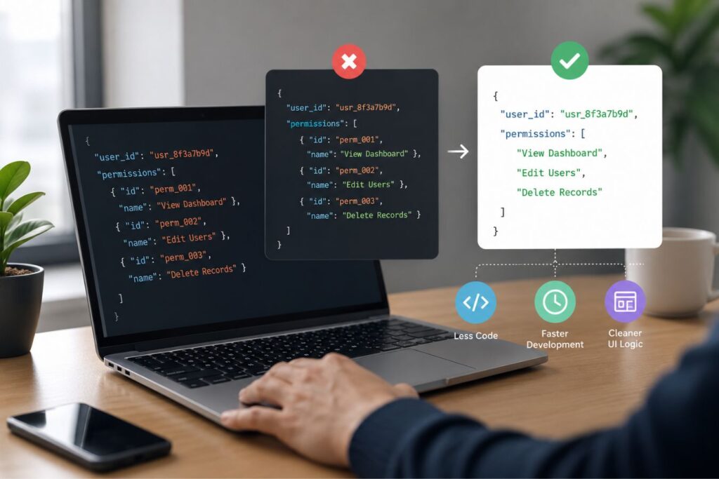Software developer reviewing human-readable API permission names on a laptop screen, demonstrating clean API response design, improved frontend development workflow, simplified permission management, and modern web application architecture.