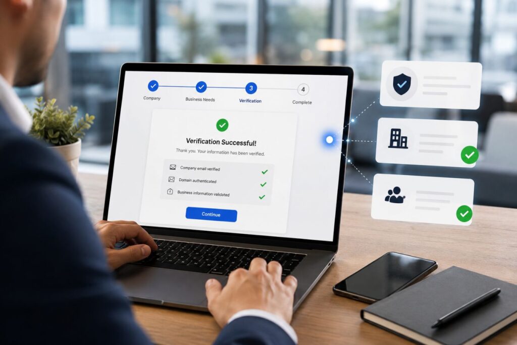 Professional enterprise lead onboarding workflow showing real-time validation, instant feedback, verified business information, and seamless multi-step conversational user experience for B2B lead generation.