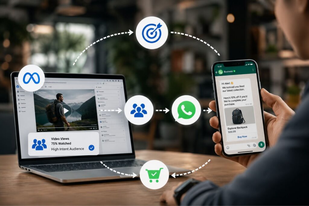 Engineering the Retargeting Loop illustrating WhatsApp conversational commerce funnel showing Meta video views transforming into high-intent custom audiences and seamless purchase journey through retargeting marketing strategy.