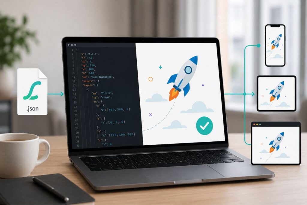 Developer workstation displaying a code-driven Lottie animation workflow, showing JSON-based animation data rendered across multiple devices through edge delivery, illustrating how lightweight Lottie animations improve Core Web Vitals and website performance compared to heavy video files.