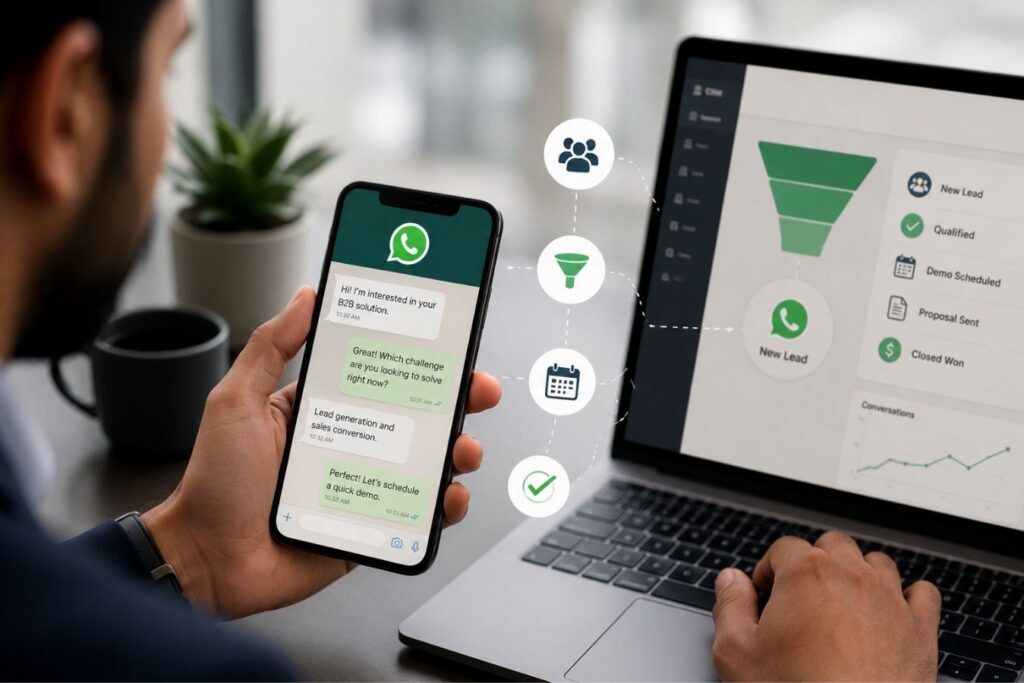 Business professional using WhatsApp chat on a smartphone connected to a CRM dashboard on a laptop, illustrating how Meta awareness campaigns convert into qualified WhatsApp leads for B2B startups through real-time conversations, lead nurturing, and sales conversion.