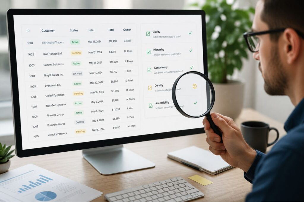 Professional UX designer performing a minimalist table audit on a modern enterprise data grid with transparent headers, subtle inner borders, improved readability, and reduced cognitive load for business data management.