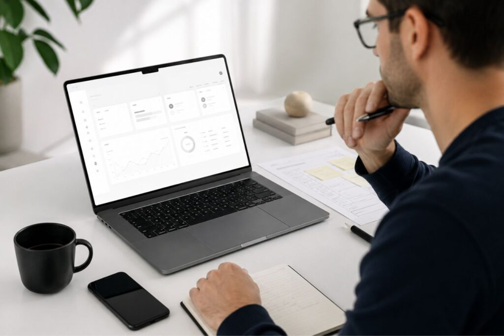Professional UX designer performing a minimalist audit on a luxury B2B dashboard interface, showcasing mathematical grid structures, strategic whitespace, clean analytics layouts, and premium enterprise software design to reduce cognitive load and improve user experience.
