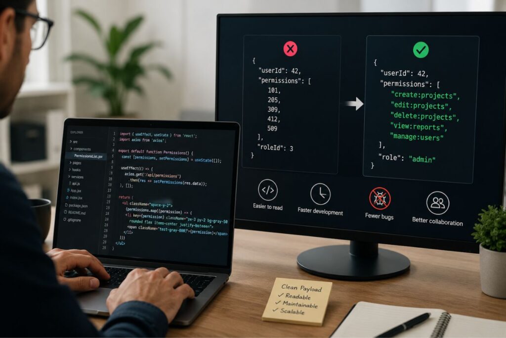 Developer transforming API payload data from numeric permission IDs to human-readable permission names on a modern dashboard, demonstrating clean payload architecture that accelerates frontend development, improves code readability, and reduces implementation complexity.