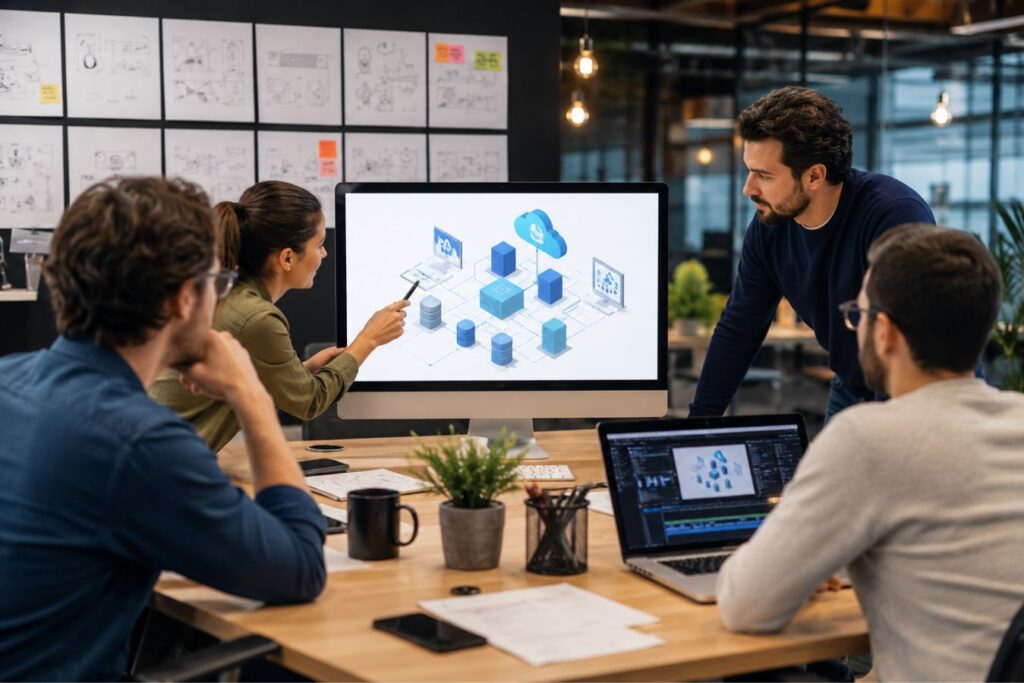 Creative agency team planning the transition from static SaaS explainers to lightweight 2D motion graphics, reviewing complex software system architecture diagrams on digital screens in a modern collaborative workspace.