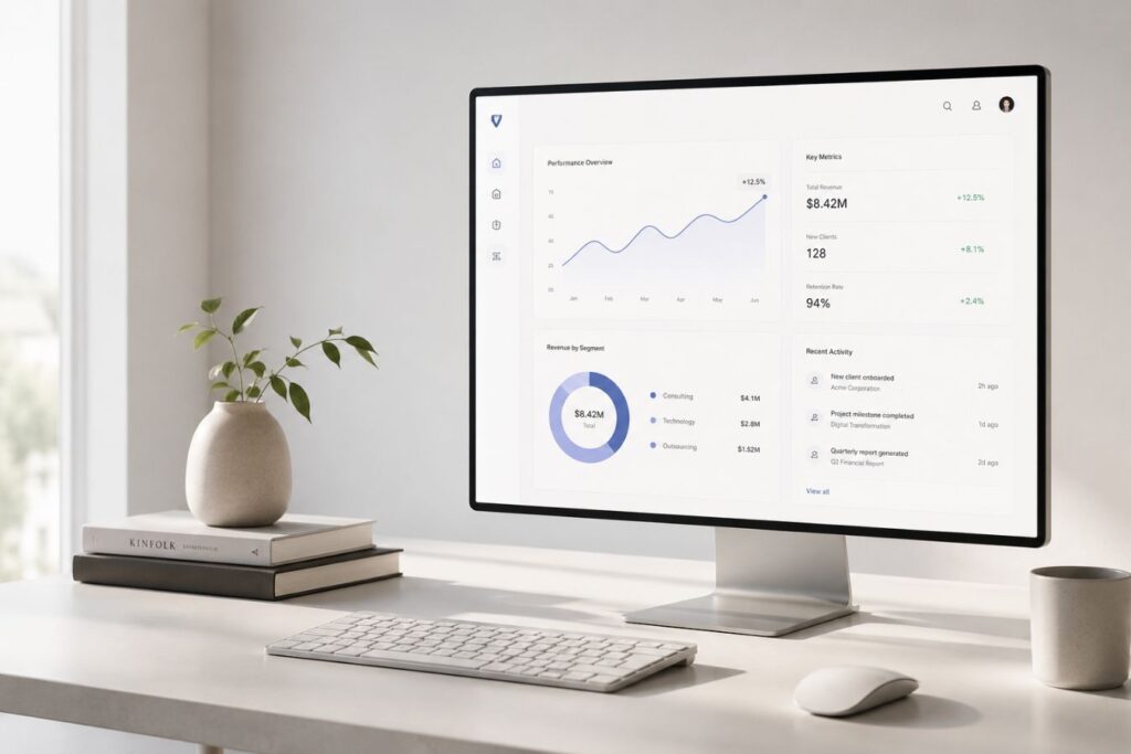 Premium high-ticket B2B dashboard interface featuring extreme whitespace, mathematical grid structure, minimalist data visualization, and luxury UX design that reduces cognitive load in enterprise software applications.