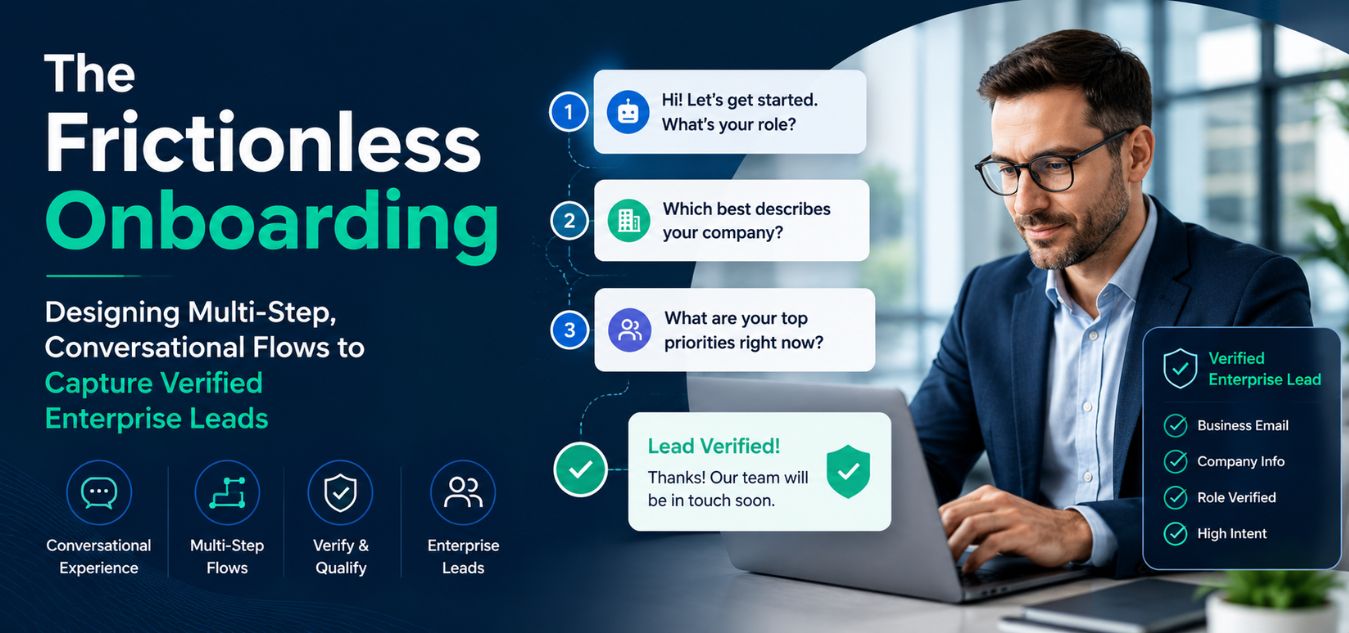 Professional illustration of a frictionless onboarding process featuring a multi-step conversational interface, verified enterprise lead capture workflow, user verification, CRM integration, and seamless customer journey design for B2B lead generation.