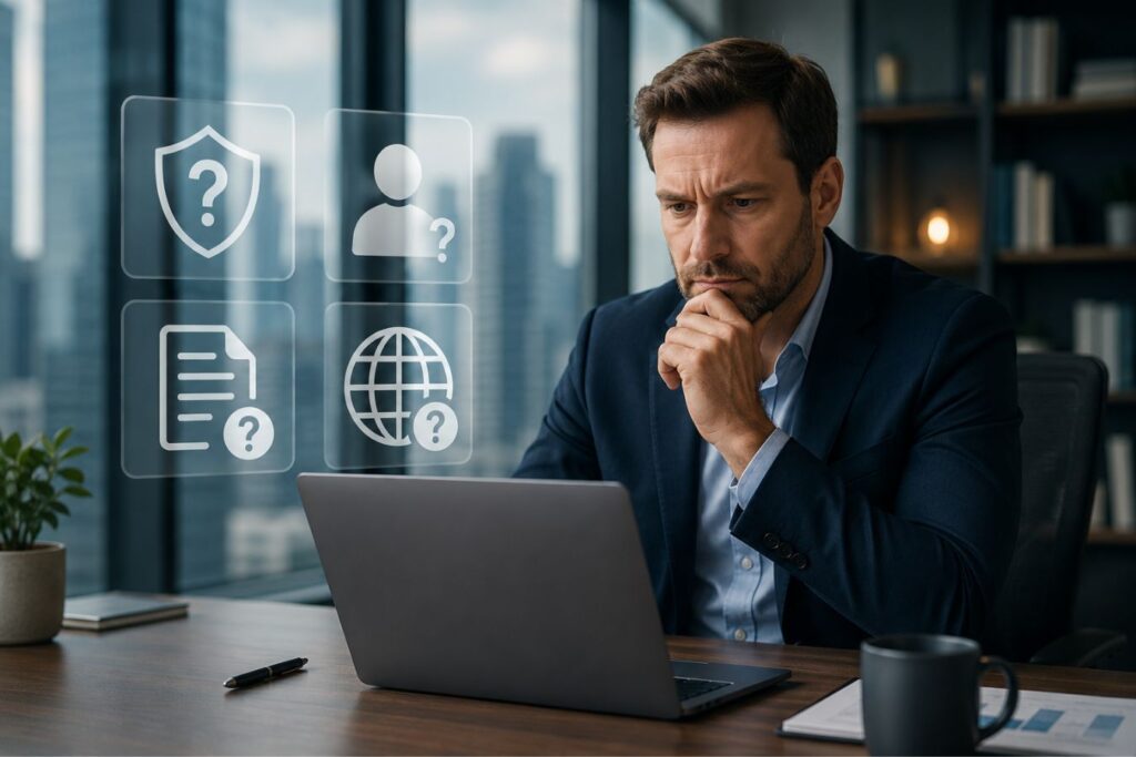 Business executive evaluating a remote design agency on a laptop with trust, verification, tax compliance, and global business credibility indicators, illustrating why global clients hesitate to hire remote teams.