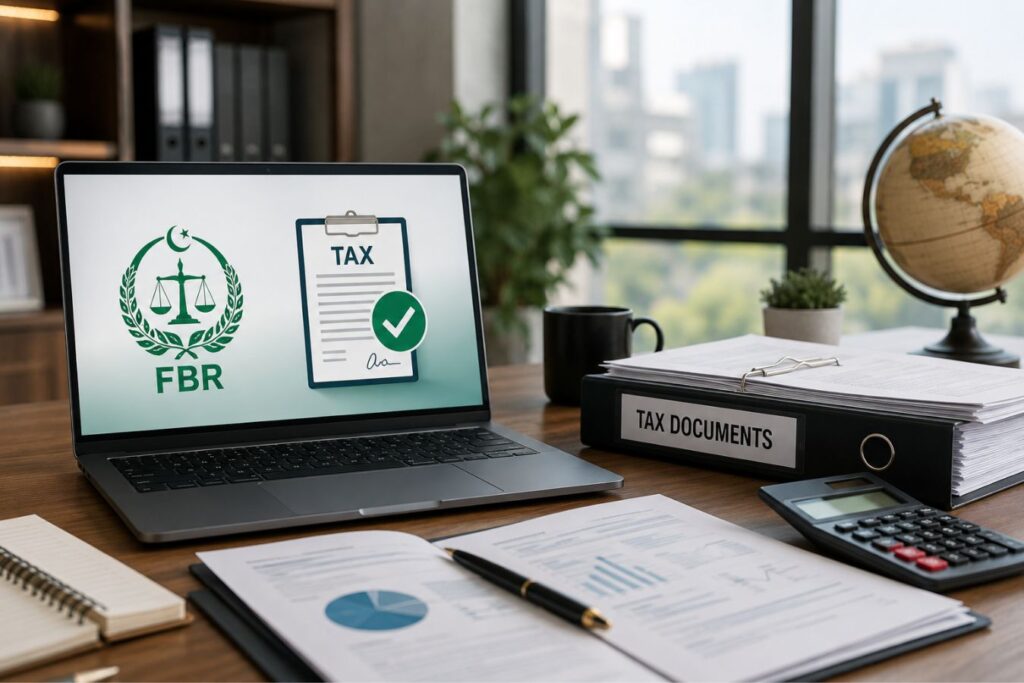 Professional remote design agency workspace showing FBR tax profile integration, verified tax documentation, financial records, and digital compliance systems that build global trust, business credibility, and authority for a remote-first creative agency.