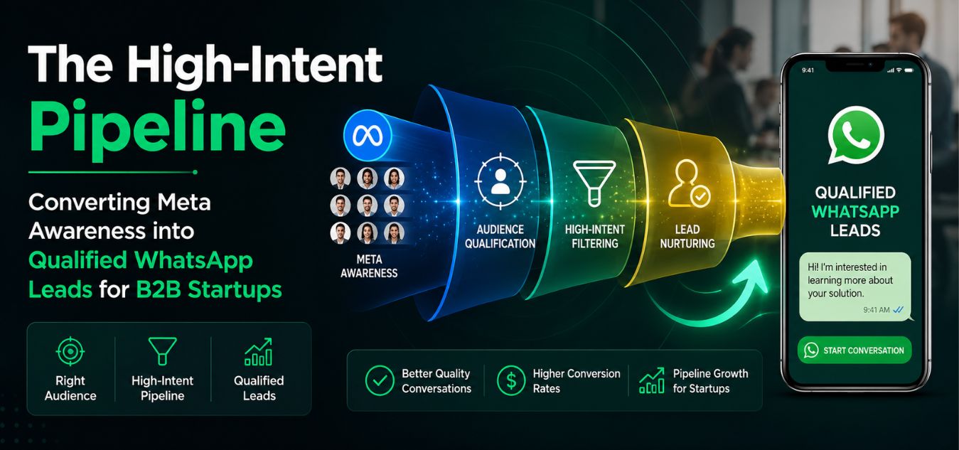 High-intent B2B lead generation pipeline showing Meta awareness campaigns converting prospects into qualified WhatsApp leads through audience qualification, lead filtering, and lead nurturing for startup growth.