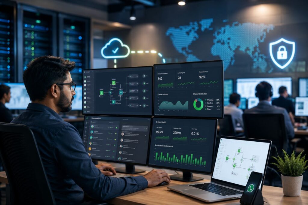 Modern AI-powered control room showing scalable conversational infrastructure for B2B startups, with multi-screen analytics dashboard, WhatsApp lead flow tracking, cloud security systems, and real-time performance monitoring for high-intent marketing pipelines.