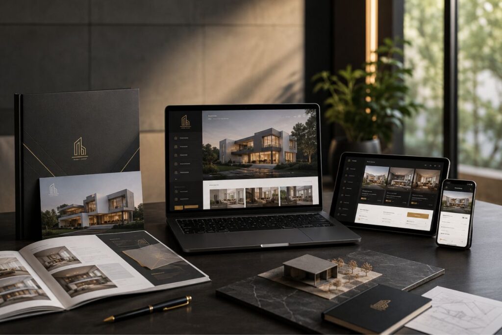 Modern digital product ecosystem showing a cohesive software interface across desktop, tablet, and mobile devices aligned with premium marketing materials, illustrating how strong software architecture enables consistent user experience, brand trust, and visual aesthetics.