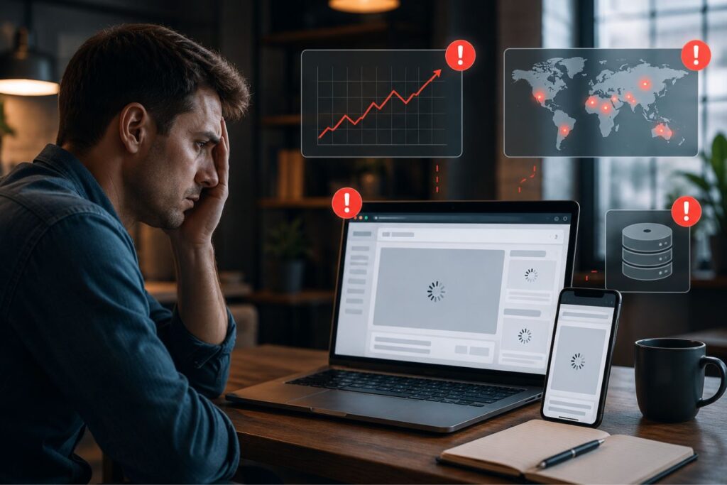 Professional UI/UX designer frustrated by slow-loading web application caused by database latency, showing delayed interface response, loading indicators, server performance issues, and global network bottlenecks impacting user experience and website speed.