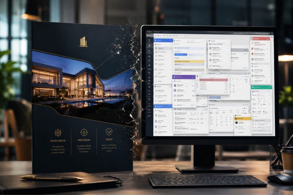 Professional business workspace showing a premium marketing brochure beside a complex software interface, illustrating the disconnect between branding and software architecture, user experience consistency, digital trust, and enterprise application design.
