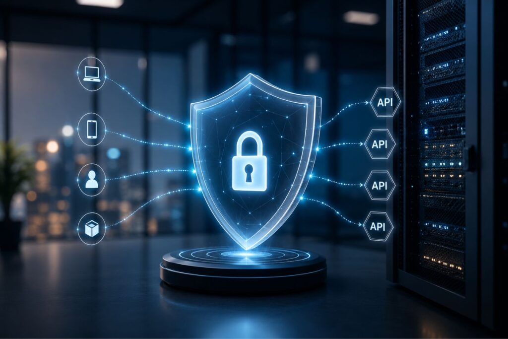 Advanced invisible API security layer protecting enterprise lead onboarding workflows with secure data validation, encrypted API connections, real-time authentication, and frictionless conversational user journeys.