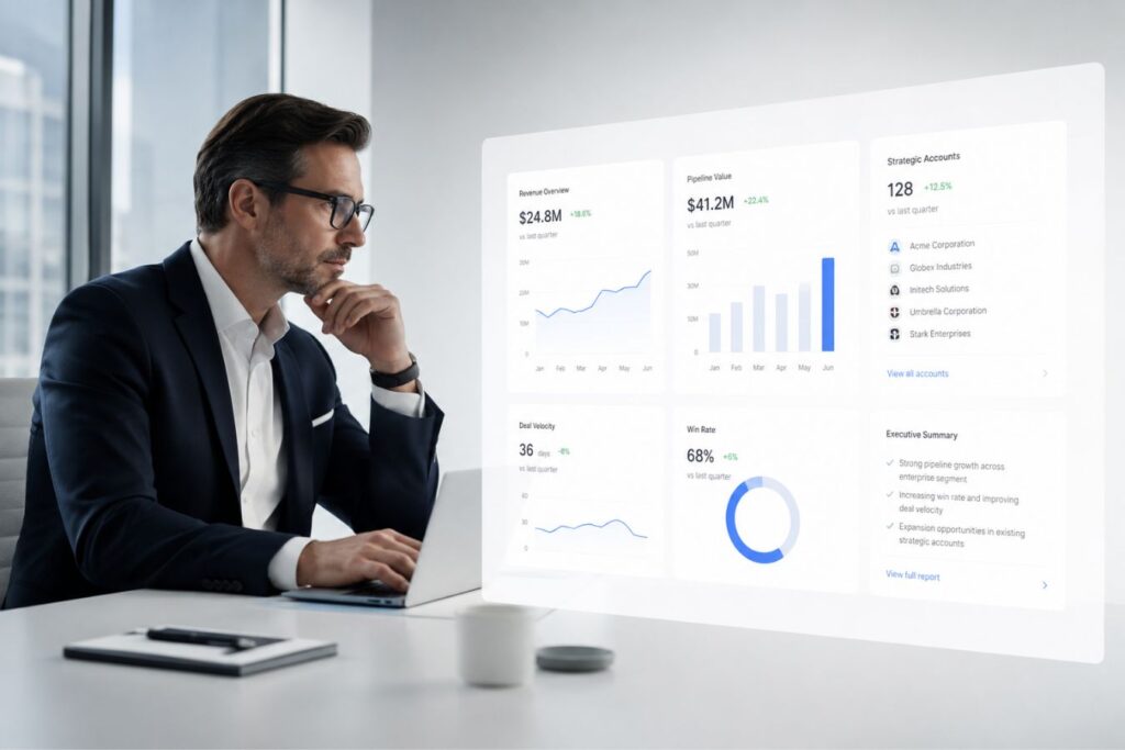 Executive reviewing a luxury B2B analytics dashboard featuring mathematical grid structures, extreme whitespace, and minimalist UI design that reduces cognitive load and enhances decision-making for high-ticket enterprise buyers.