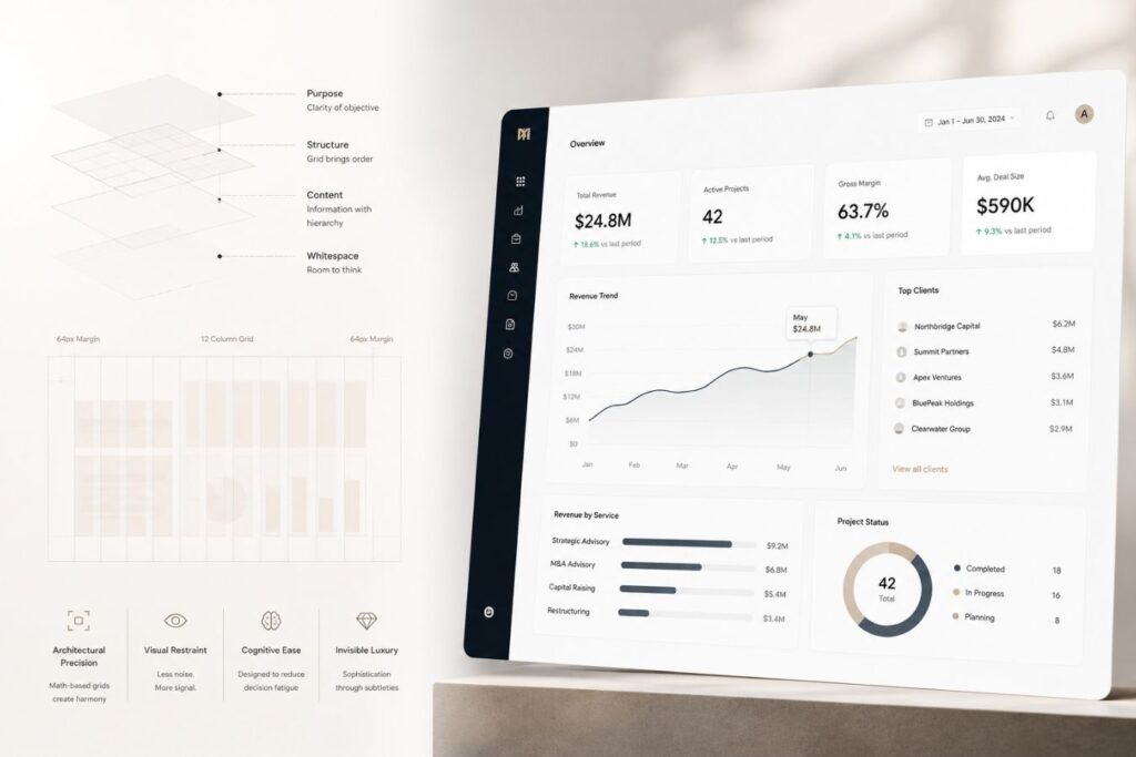 Premium B2B dashboard interface designed with mathematical grid structures, extreme whitespace, visual hierarchy, and minimalist UI architecture to reduce cognitive load and improve executive decision-making.